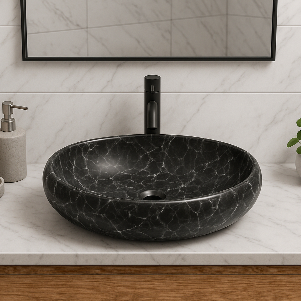 Oval Black Marble Ceramic Basin