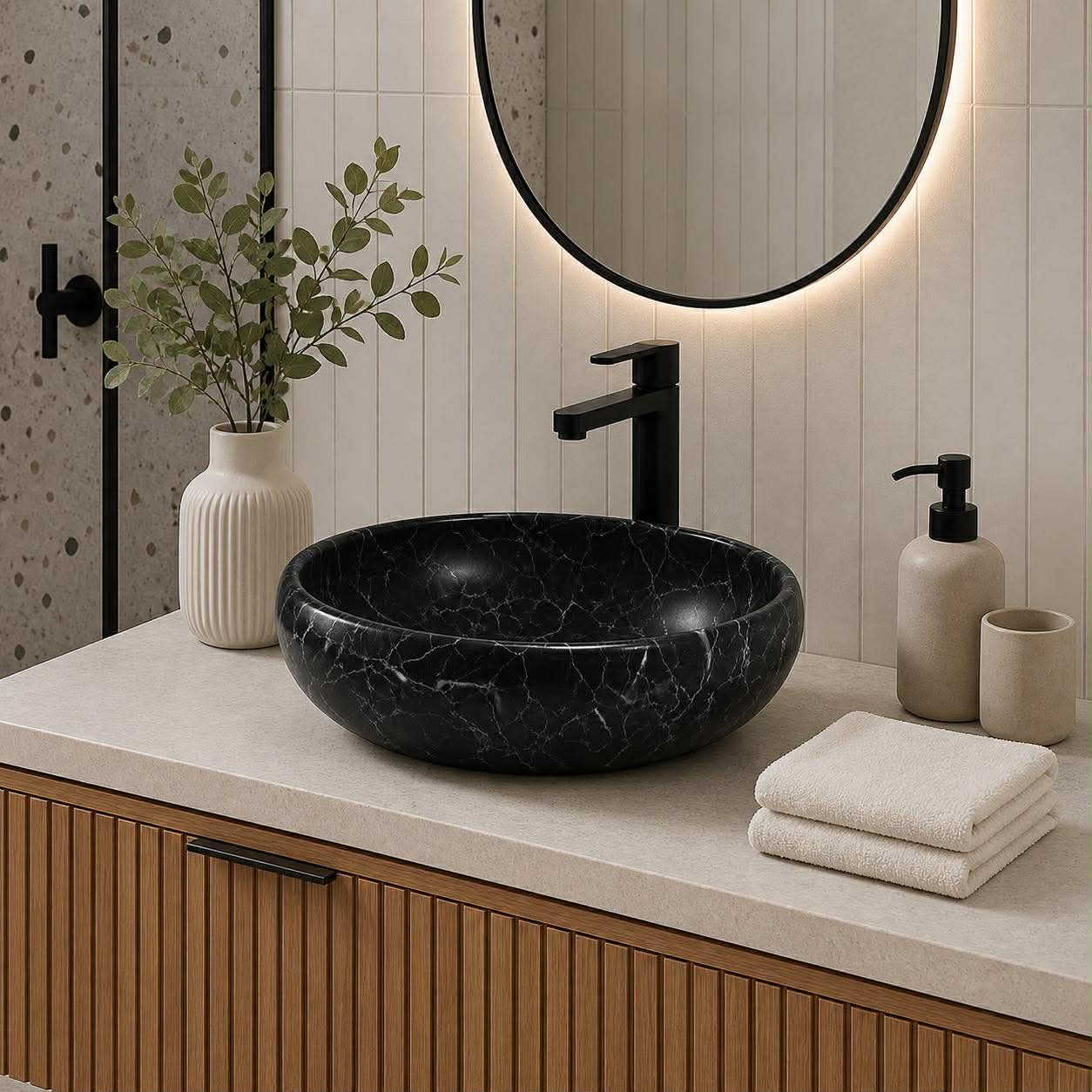 Oval Black Marble Ceramic Basin