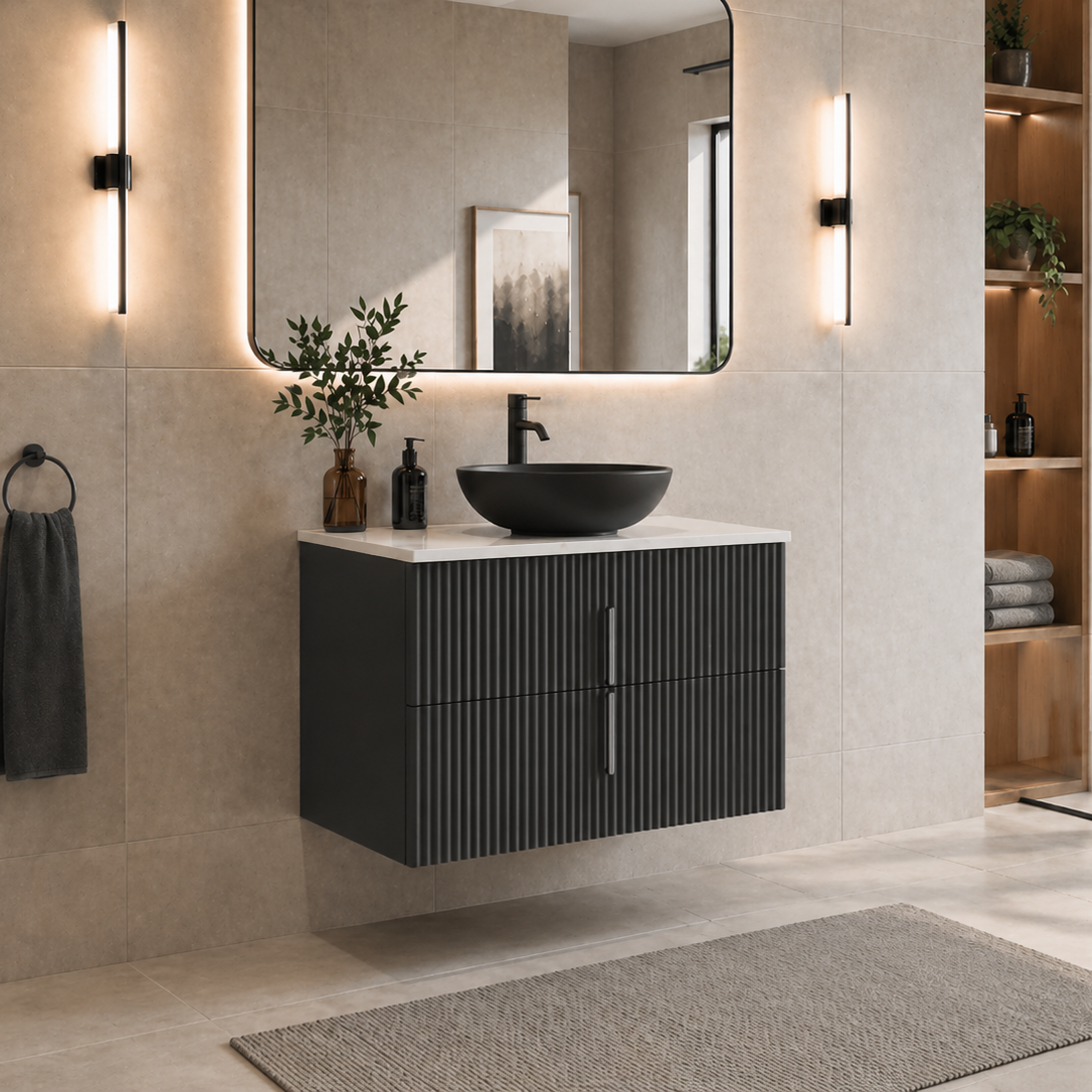 Matte Black Fluted Timber Wall Hung Vanity Unit 900mm with Stone Top