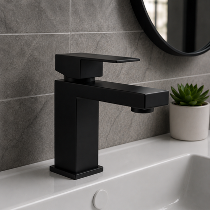 Square Matte Black Single Lever Bathroom Faucet