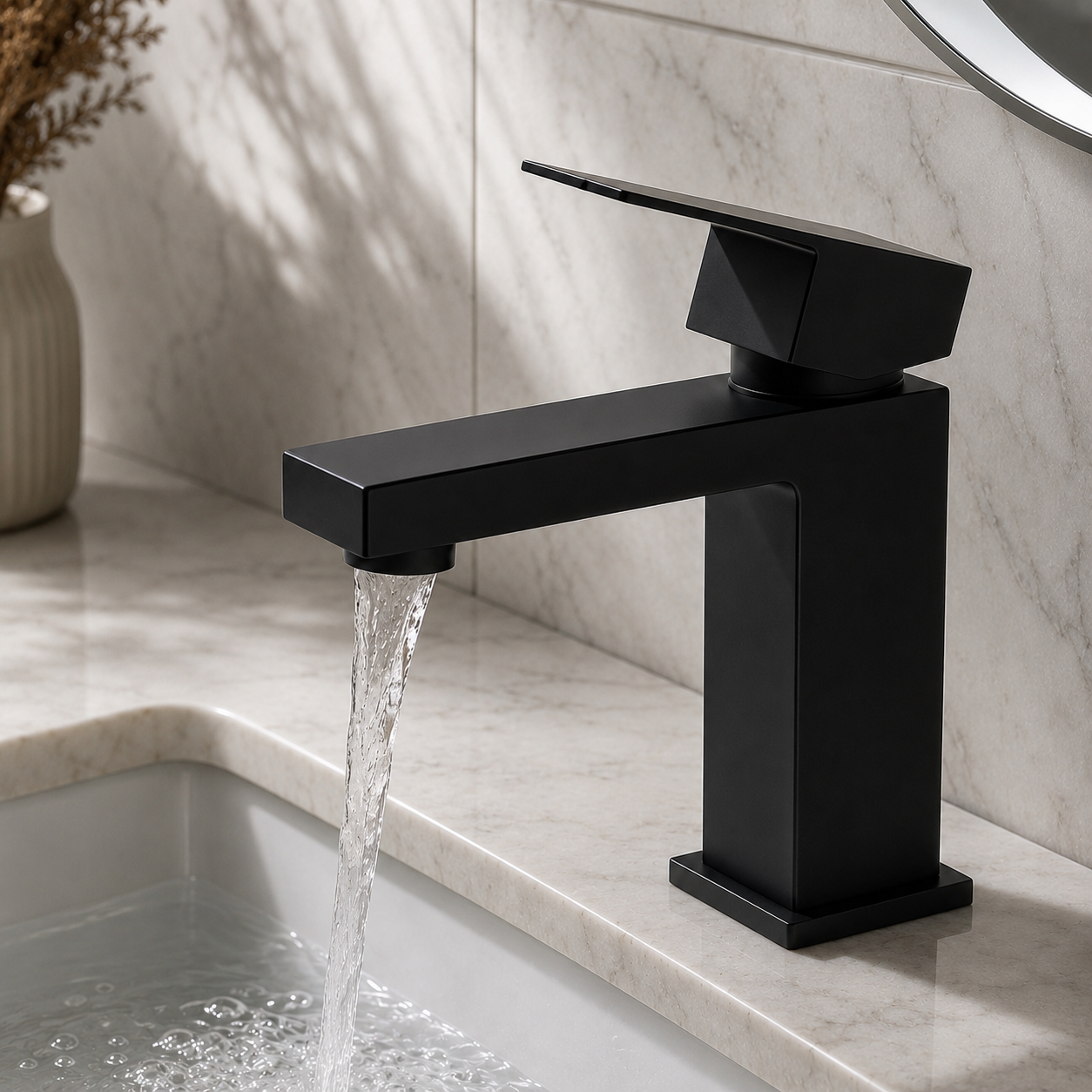 Square Matte Black Single Lever Bathroom Faucet