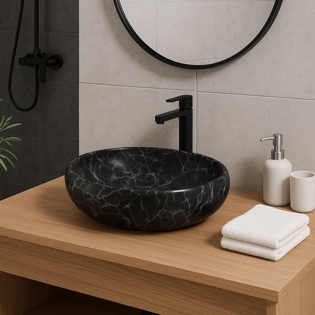 Oval Black Marble Ceramic Basin