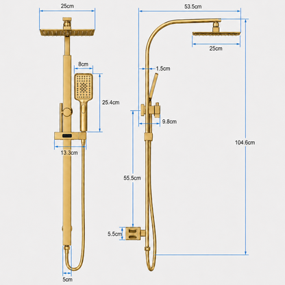 10” Brushed Gold Dual Rain Shower Set with Square Head & Handheld Shower