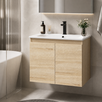 Natural Oak Wall Hung Vanity Unit 600mm with Basin and Storage