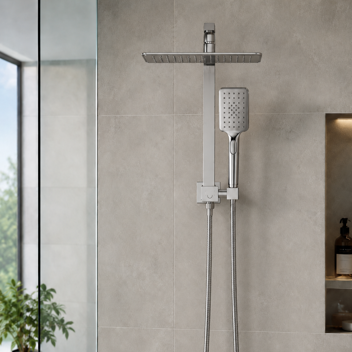 12” Chrome Twin Rain Shower Set with 3-Mode Handheld Rail