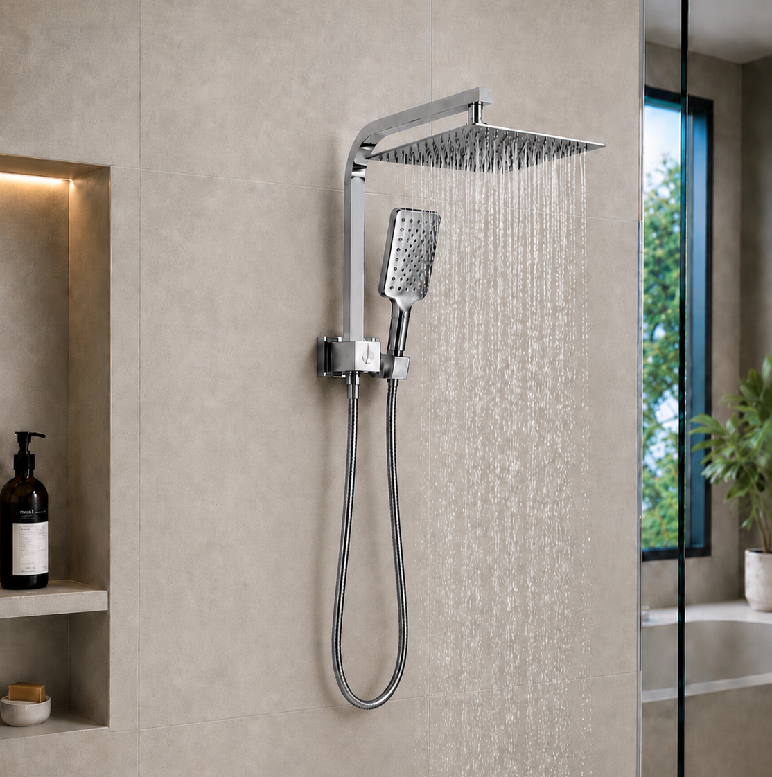 12” Chrome Twin Rain Shower Set with 3-Mode Handheld Rail