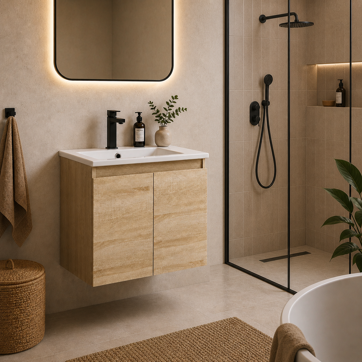 Natural Oak Wall Hung Vanity Unit 600mm with Basin and Storage